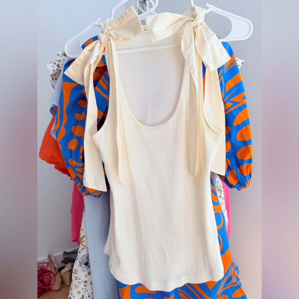 Ulla Johnson Cream Ribbed Tie-Shoulder Tank Top
